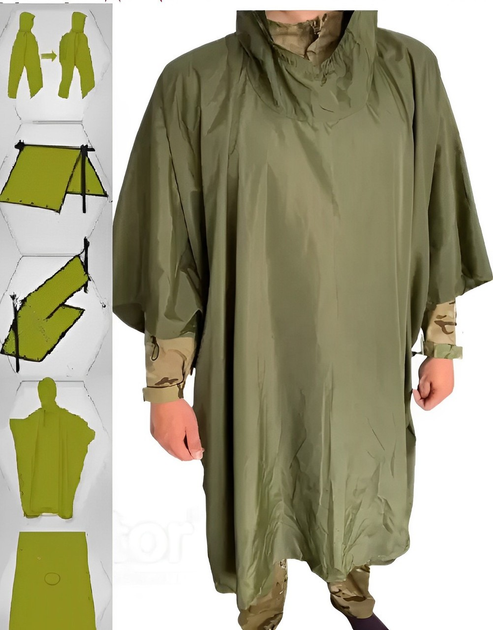 Дощовик пончо тактичний, тент-намет-дощовик 3в1, військовий плащ із просоченням, Зелений - зображення 2