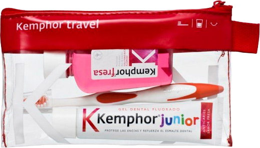Zestaw do pielegnacji jamy ustnej Kemphor Travel Kids Płyn do płukania z fluorem 50 ml + Szczoteczka do zębów + Pasta do zębów z fluorem 25 ml (8410496003508) - obraz 1