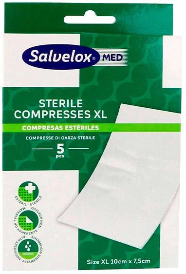Стирильный компресс Salvelox Med Sterile Compresses Absorbent and Breathable XL 7.5 см x 10 см 5 шт (7310610025892) - изображение 1