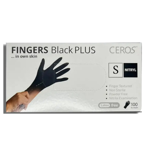 Рукавички нітрилові CEROS Fingers Black Plus, 100 шт (50 пар), S - зображення 1