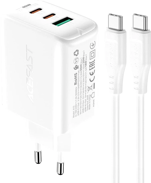 Ładowarka sieciowa Acefast A13 PD65W (USB-C+USB-C+USB-A) Zestaw ładowarek 3-portowych White - obraz 2