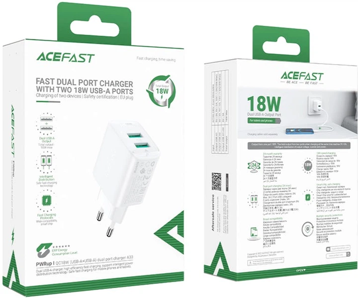 Мережевий зарядний пристрій Acefast A33 QC18W (USB-A+USB-A) Dual Port Charger White (AFA33W) - зображення 2