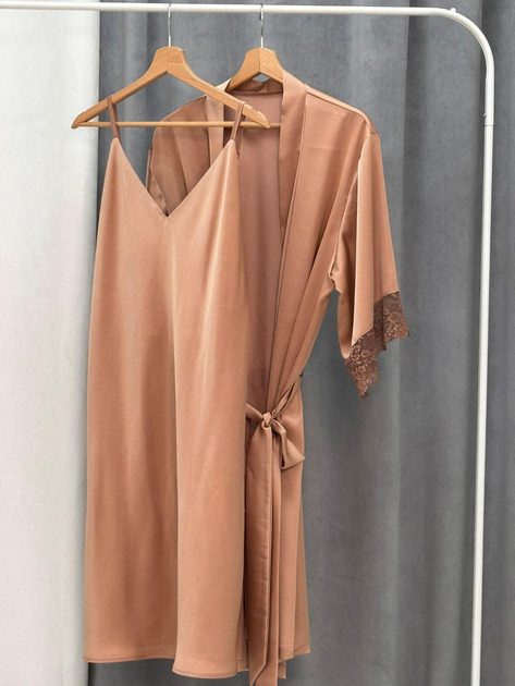 Комплект домашний plus size - ночная рубашка и халат, шелк, карамель ...