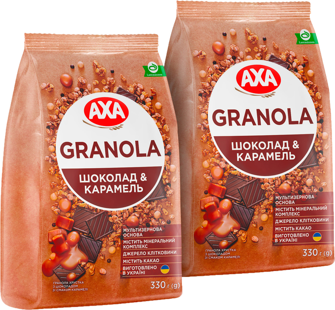 Упаковка гранолы АХА хрустящая с шоколадом и вкусом карамели 330 г х 2 шт (4820237692849) - изображение 1
