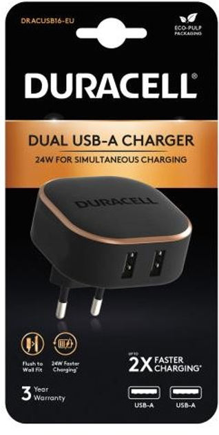 Мережевий зарядний пристрій Duracell 24 Вт 2 x USB Type-A Black-Copper (DRACUSB16-EU) - зображення 2