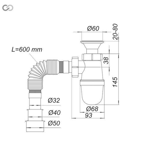 Сифон для умывальника SoloPlast Т-0116, сетка - нержавейка, гофра - изображение 2