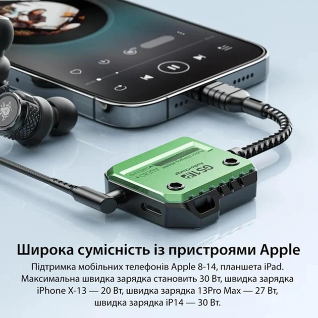 Мобильная игровая звуковая карта Plextone GS1 iP 2in1 3.5 мм + Apple Lightning Hi-Res разъем с адаптером зарядного устройства - изображение 6