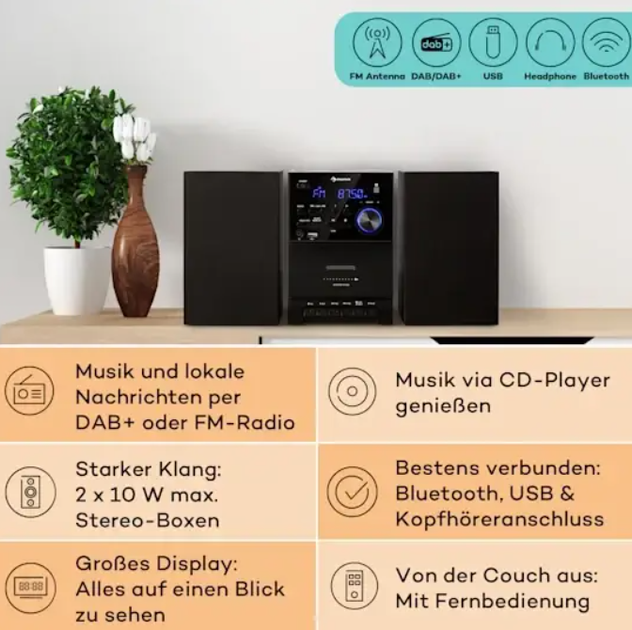 Музыкальный центр Auna MC-40 DAB, FM/DAB+, Bluetooth, CD, USB, пульт - изображение 6