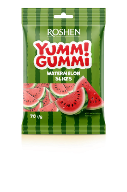 Упаковка желейних цукерок Roshen Yummi Gummi Watermelon Slices 70г х 22 шт - Фото 1 Упаковка желейних цукерок Roshen Yummi Gummi Watermelon Slices 70г х 22 шт - зображення 1