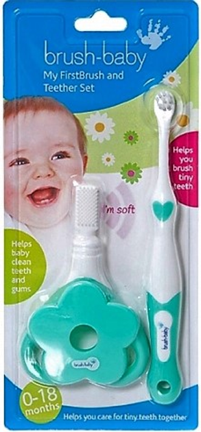 Zestaw dla niemowląt Brush-Baby First Brush and Teether Set Gryzak + Szczotka do zębów 0-18 miesięcy Zielony (5060178100709) - obraz 3