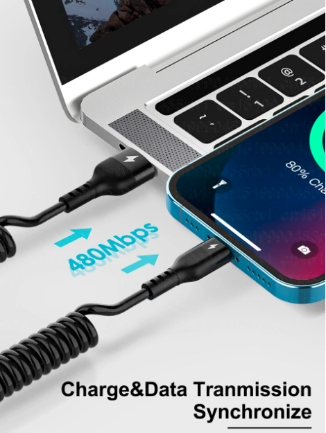 Кабель пружина lightning USB 2.4A зарядка для iPhone в розтяжке до 1,5м Черный - Фото 4 Кабель пружина lightning USB 2.4A зарядка для iPhone в розтяжке до 1,5м Черный - изображение 4