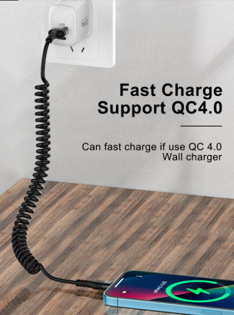 Кабель пружина lightning USB 2.4A зарядка для iPhone в розтяжке до 1,5м Черный - Фото 5 Кабель пружина lightning USB 2.4A зарядка для iPhone в розтяжке до 1,5м Черный - изображение 5
