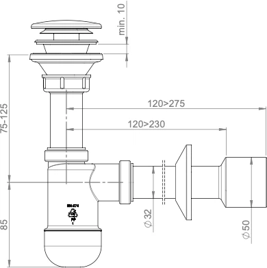 Сифон для раковины PREVEX Basic 1 1/4" телескопический Click-Clack 32/50 мм (PR3-C4N35-002) - изображение 2
