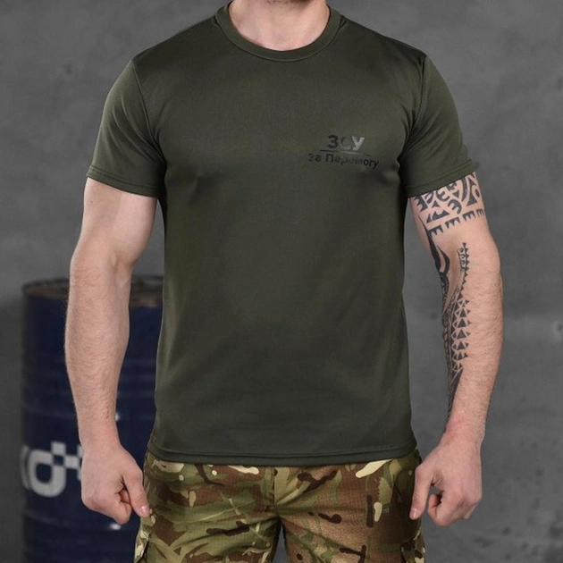 Потоотводящая мужская футболка с принтом "За победу" олива размер L - изображение 1