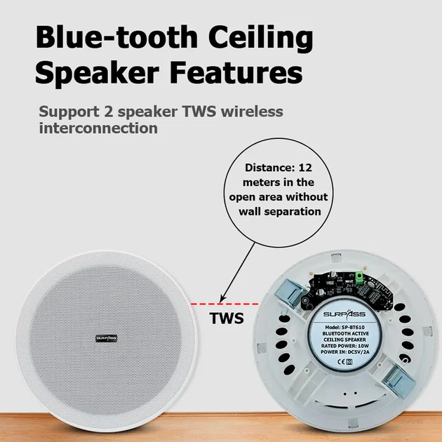 Потолочный Bluetooth динамик Без бренда SURPASS 10 Вт 6 дюймов Белый (1013-874-00) - изображение 7