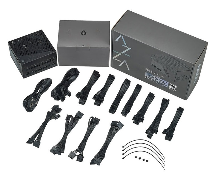 Блок питания 1000 Вт, AZZA, Black, модульный, 80+ Platinum, 12 см, 4xMolex / 12xSATA / 4x6+2-pin / 1x16-pin / 1x20+4-pin / 2x4+4-pin, защита UVP/OVP/OPP/OCP/SCP/OTP/AFC/SIP (PSAZ-1000P) - изображение 3