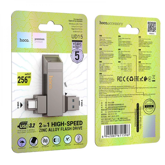Флеш-накопитель Hoco UD15 Clever USB3.2 объемом 256 ГБ с разъемом Type-C в сером цвете. - Фото 4 Флеш-накопитель Hoco UD15 Clever USB3.2 объемом 256 ГБ с разъемом Type-C в сером цвете. - изображение 4
