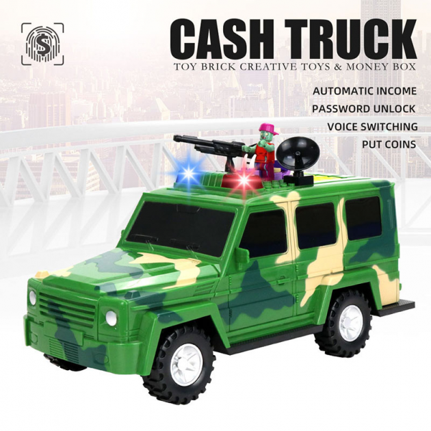 Детская копилка сейф Машина внедорожник Гелентваген Cash Truck DSM-6662 с кодовым замком и отпечатком пальца хаки - изображение 3