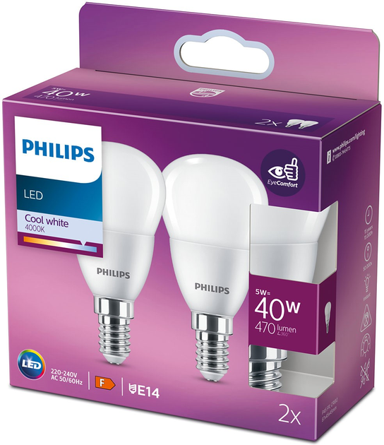 Набір світлодіодних ламп Philips P45 E14 5W 2 шт Cool White (8719514310155) - зображення 2