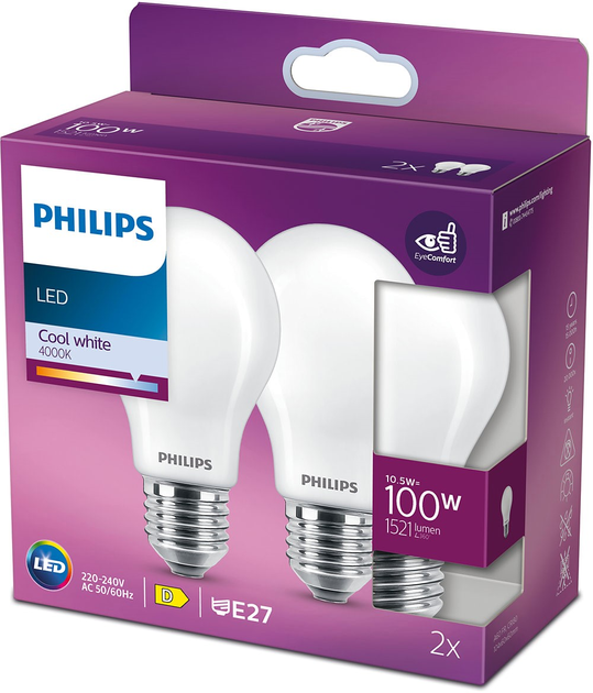 Набір світлодіодних ламп Philips Classic A60 E27 10.5W 2 шт Cool White (8718699763718) - зображення 2