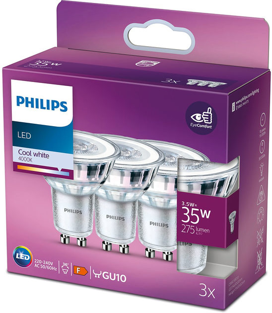 Набір світлодіодних ламп Philips Classic GU10 3.5W 3 шт Cool White (8718699776251) - зображення 2