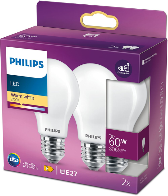 Набір світлодіодних ламп Philips Classic A60 E27 7W 2 шт Warm White (8718699777678) - зображення 1