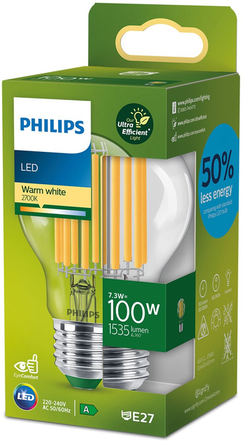 Світлодіодна лампа Philips UltraEfficient A60 E27 7.3W Warm White Filament (8720169187979) - зображення 1