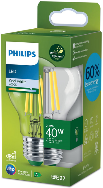 Світлодіодна лампа Philips UltraEfficient A60 E27 2.3W Cool White Filament (8720169187573) - зображення 1