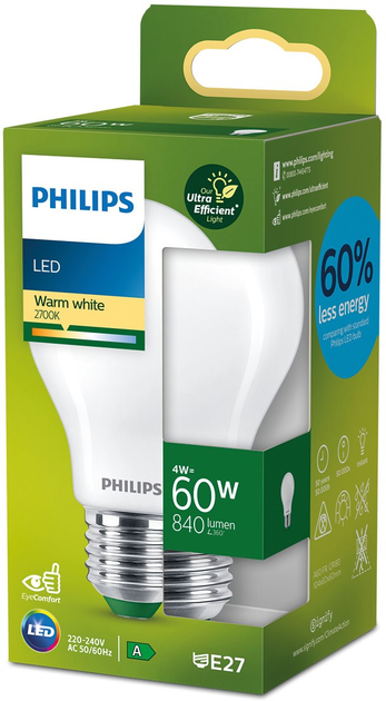 Світлодіодна лампа Philips UltraEfficient A60 E27 4W Warm White (8720169187696) - зображення 1