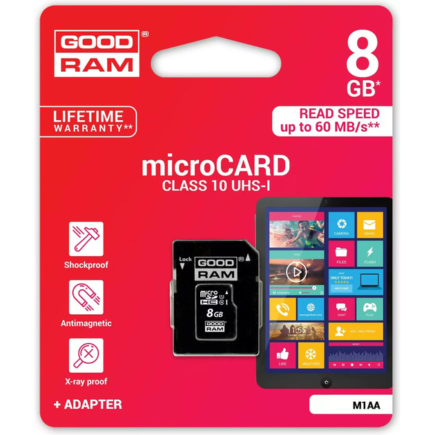 Карта памяти Goodram microSDHC 8GB (UHS-I U1) W-10 MB/s, R-60 MB/s Class 10 (M1AA-0080R11) + SD Adapter - изображение 3
