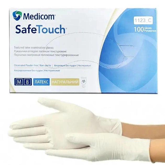 Перчатки латексные текстурированные без пудры TM Medicom размер M (100 шт) - изображение 1