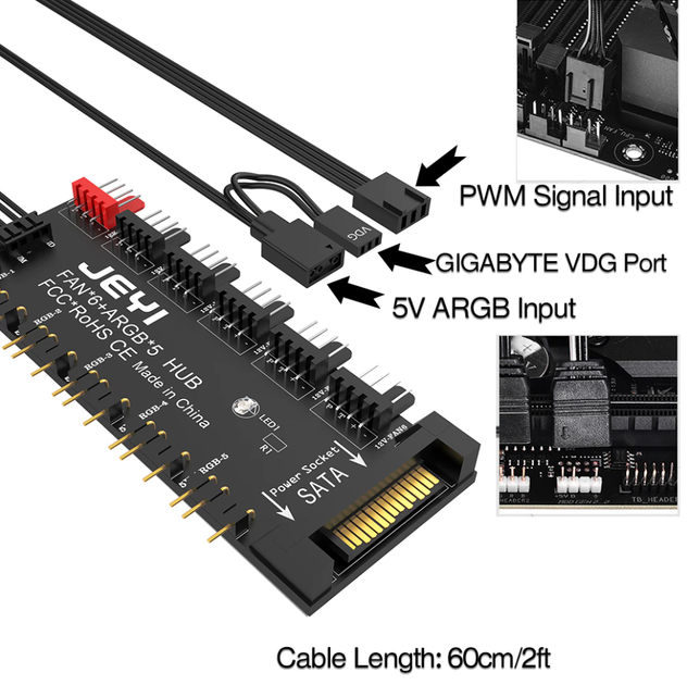 PWM-контролер JEYI для вентиляторів 4pin та ARGB-підсвітки 3pin хаб живлення (6xFan&5xARGB HUB) - зображення 3