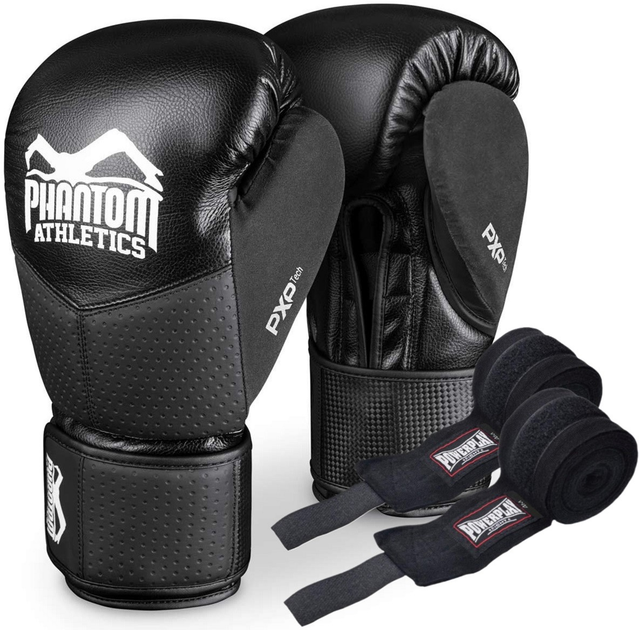 Боксерские перчатки Phantom RIOT Pro Black 12 унций + бинты (PHBG2540 ...