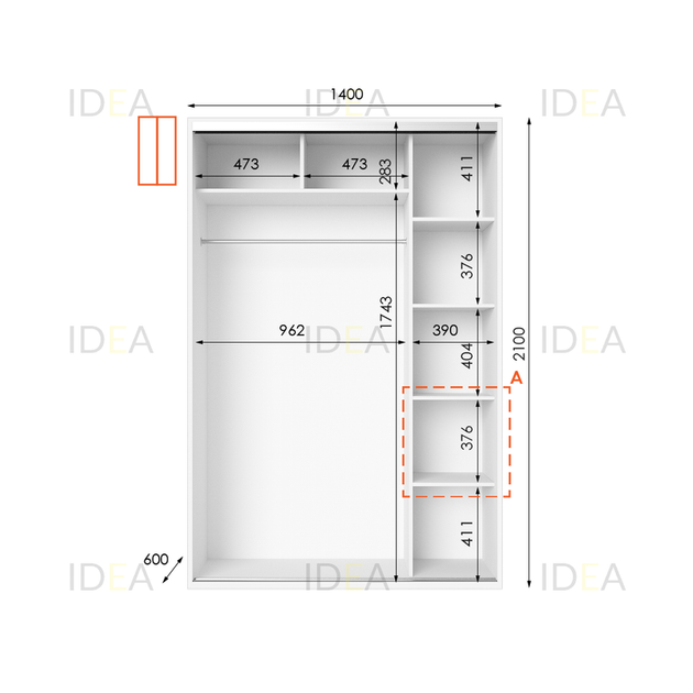 Шафа-купе IDEA серія 5 140 x 60 x 210 см Білий Дзеркало - Фото 2 Шафа-купе IDEA серія 5 140 x 60 x 210 см Білий Дзеркало - изображение 2