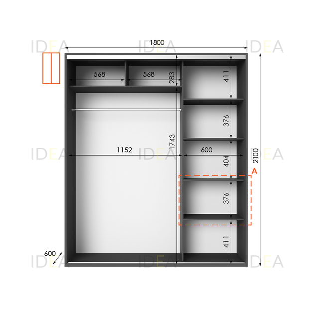 Шафа-купе IDEA серія 5 180 x 60 x 210 см Антрацит Дзеркало - изображение 2