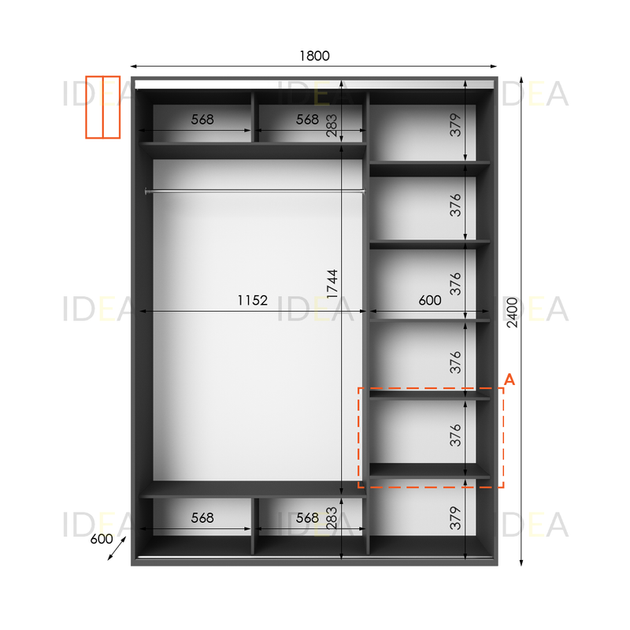 Шафа-купе IDEA серія 1 180 x 60 x 240 см Антрацит Дзеркало - изображение 2