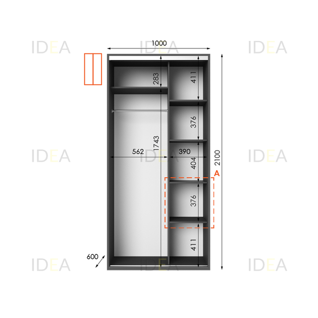 Шафа-купе IDEA серія 5 100 x 60 x 210 см Антрацит Дзеркало - изображение 2