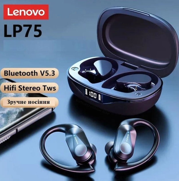 Навушники Lenovo LP75 ThinkPlus Bluetooth 5.3 для iPhone/Android Black бездротові вакуумні - зображення 5