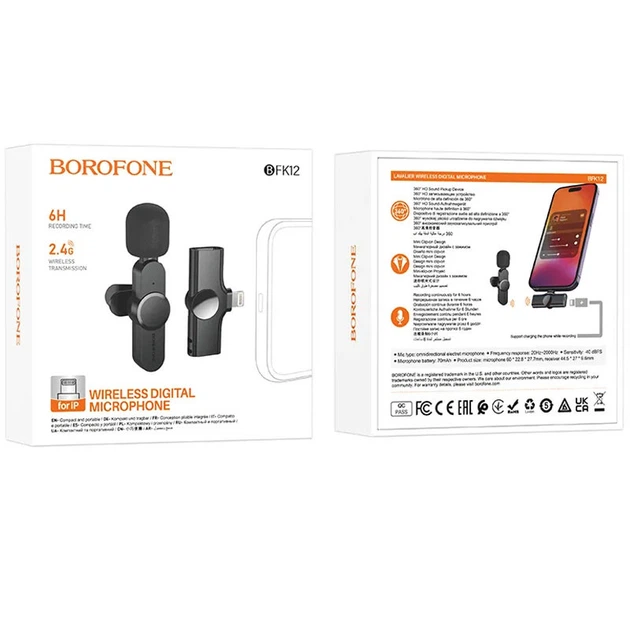 Петличный беспроводной микрофон Borofone BFK12 Trophy lavalier Lightning Black - изображение 6