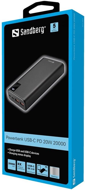 УМБ Sandberg USB Type-C PD 20W 20000 mAh Black (5705730420597) - зображення 2