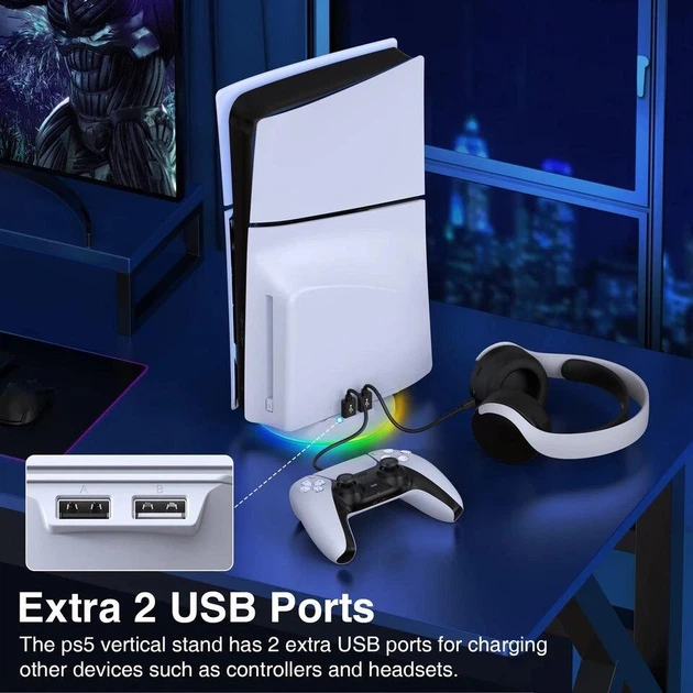 Вертикальный стенд PS5 Slim подставка держатель BebonCool для Sony PlayStation PS5 Slim с RGB подсветкой и 2 USB Hub Белый - изображение 3
