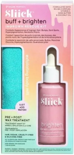 Набір для догляду за тілом Sliick Buff + Brighten Ingrown Rescue Kit Exfoliating Body Mitt Рукавичка для пілінгу тіла + Сироватка для тіла 30 мл (78462472147) - зображення 1