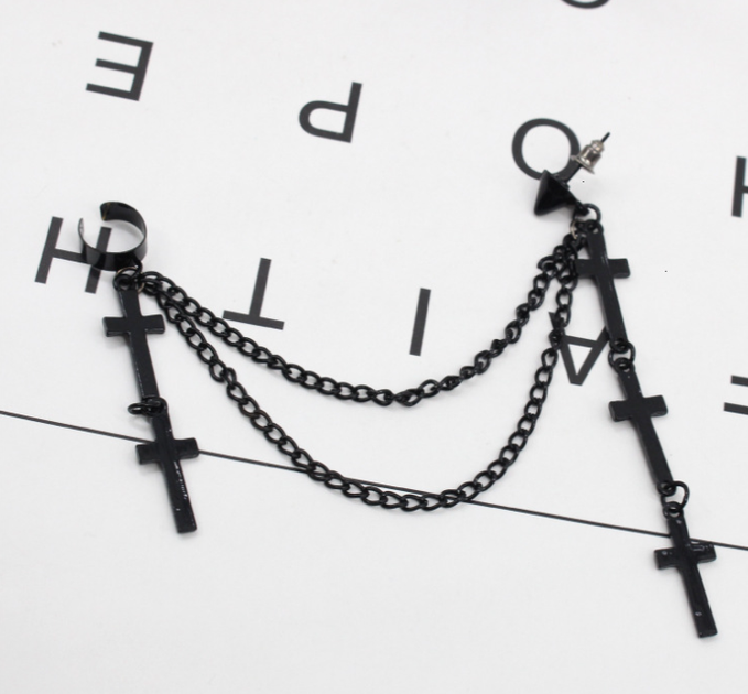 Сережки кафи на одне вухо хрестики на ланцюжку біжутерія довгі Fashion Jewelry чорні (II) 32206 - зображення 3
