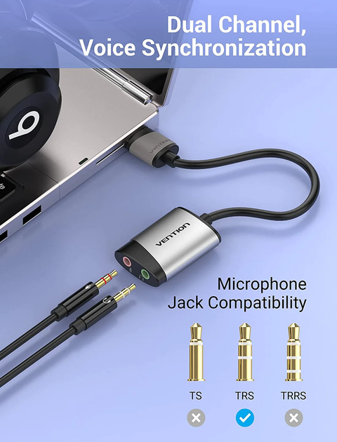 Зовнішня звукова карта Vention USB External Sound Card USB-A — 3,5 мм Metal Gray - изображение 4