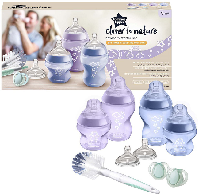 Стартовий набір для новонароджених Tommee Tippee пляшечка 0м+ 150мл х2 + пляшечка 0м+ 260мл х2 + щіточка х1 + пустушка 0-6м х2 + пустушка 3м+ х2 (5010415227393) - зображення 1