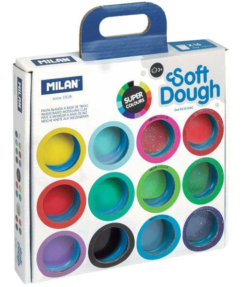 Zestaw plasteliny Milan Soft Dough Super Colours Basic Neon Glitter 16 x 30 g (8411574094029) - obraz 1