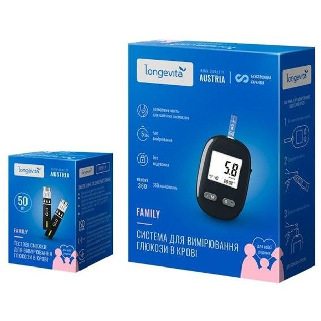 Глюкометр Longevita Family / Система вимірювання глюкози в крові + тест-смужки 50 шт. - зображення 1