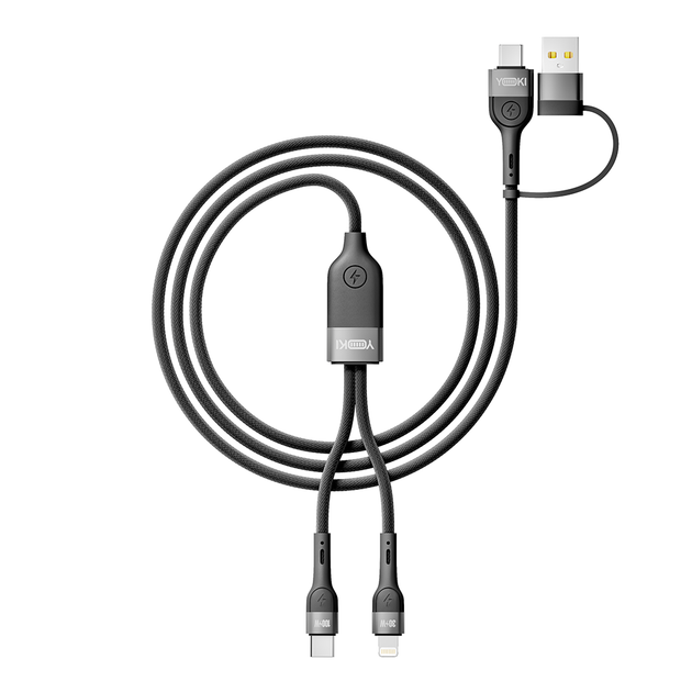 Кабель для зарядки и обмена данными USB YOKI YK-UN91 UNIVERSE USB-A/Type-C to Type-C/Lightning 100W (5A/20V) 1.2m Черный - Фото 4 Кабель для зарядки и обмена данными USB YOKI YK-UN91 UNIVERSE USB-A/Type-C to Type-C/Lightning 100W (5A/20V) 1.2m Черный - изображение 4