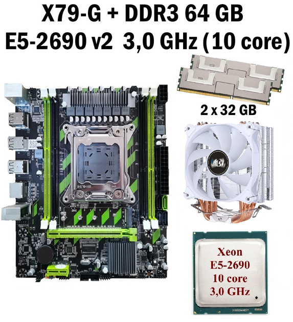 Материнская плата Taishuo X79-G LGA 2011 + процессор (б/у) Xeon E5-2690 V2 10 ядер 3,0G + RAM DDR3 64 GB + кулер (222690251) - изображение 1