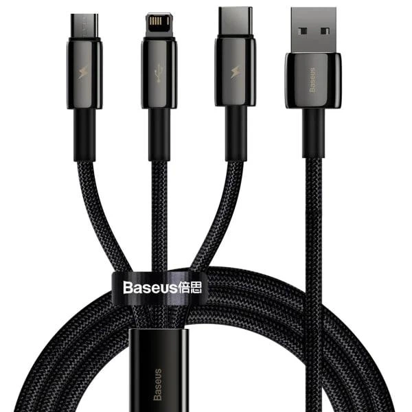 Кабель Baseus Tungsten Gold Fast Charging Data Cable 3-in-1 Cable USB to Lightning+Type-C+MicroUSB 3.5А 1.5м (CAMLTWJ-01) Black - Фото 1 Кабель Baseus Tungsten Gold Fast Charging Data Cable 3-in-1 Cable USB to Lightning+Type-C+MicroUSB 3.5А 1.5м (CAMLTWJ-01) Black - изображение 1